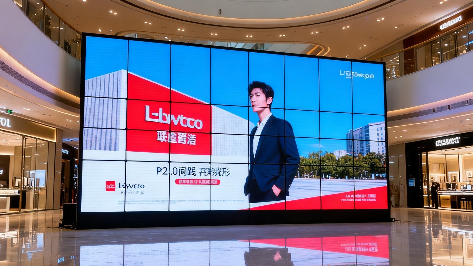 一块P2.0间距的室内LED全彩屏在商业综合体中庭点亮，画面色彩饱满，显示着品牌宣传视频，屏体无缝拼接整齐。