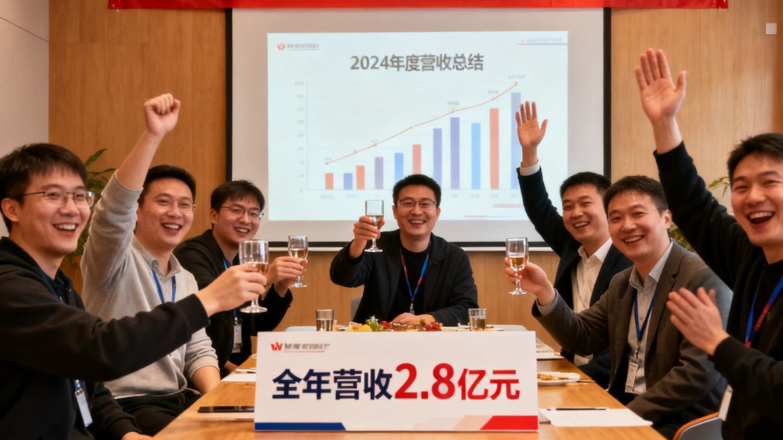 WM视讯2024年度总结会议现场，团队庆祝全年营收达到2.8亿元。