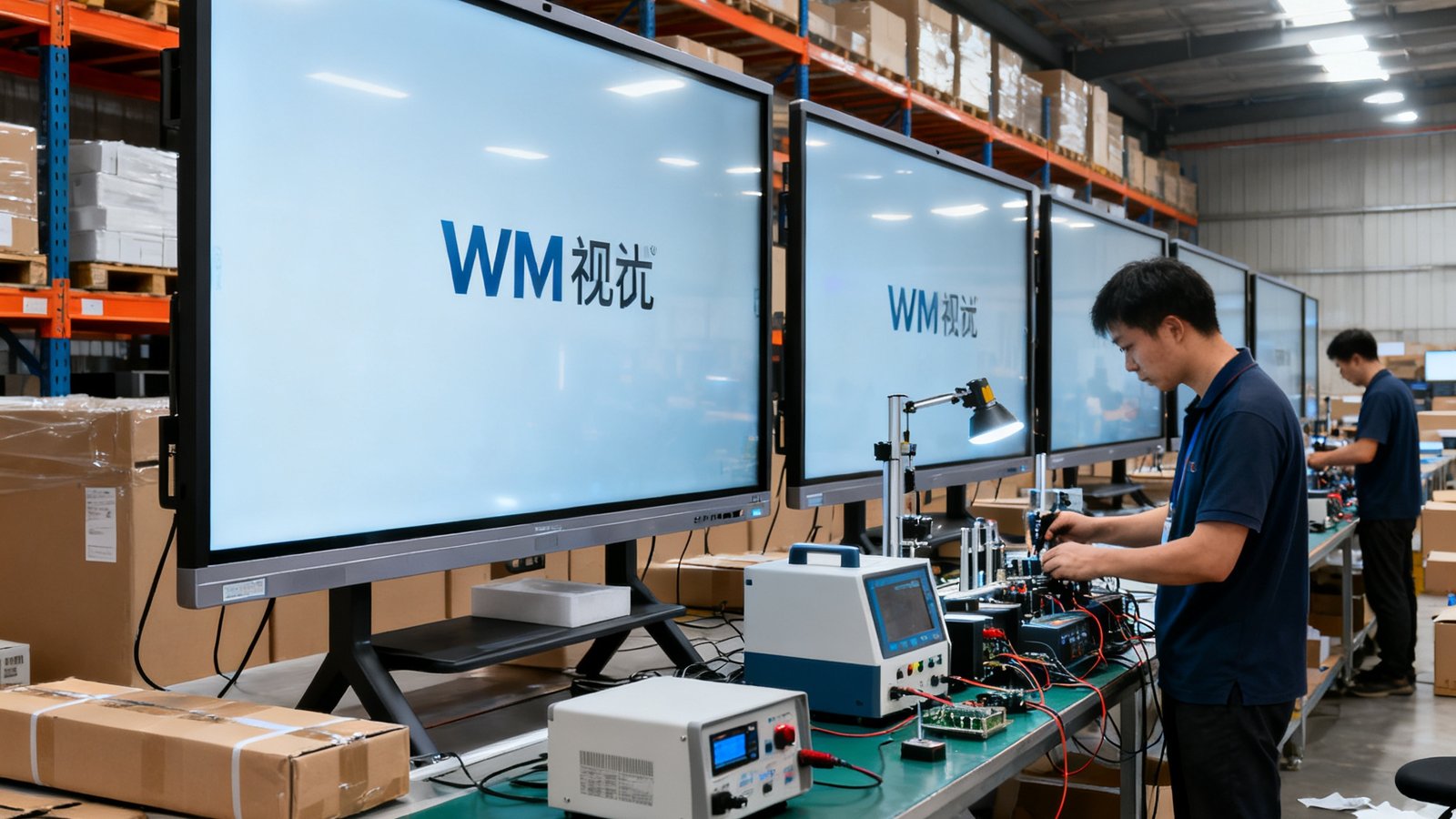 一批86寸智慧会议平板正在WM视讯的仓库中进行出厂前的最后检测和包装。